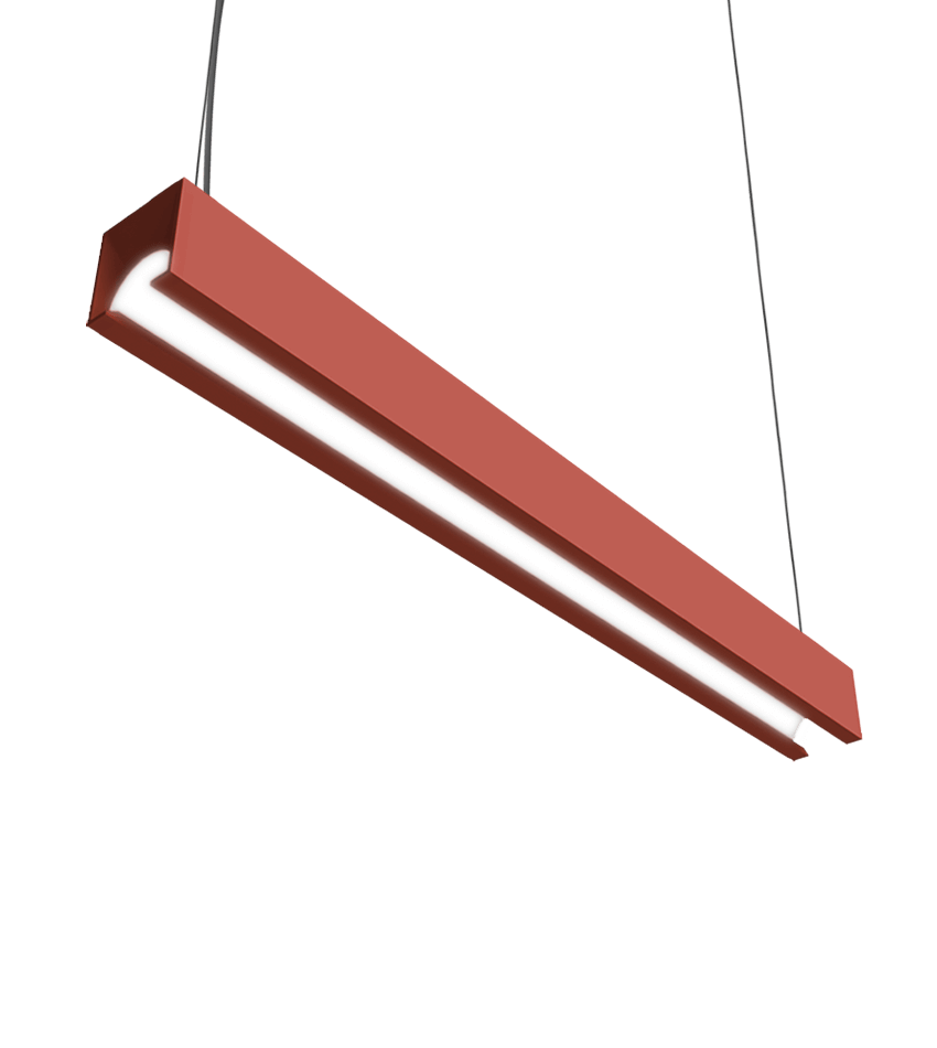 dark orange coloured pendant light with a square profile shape
