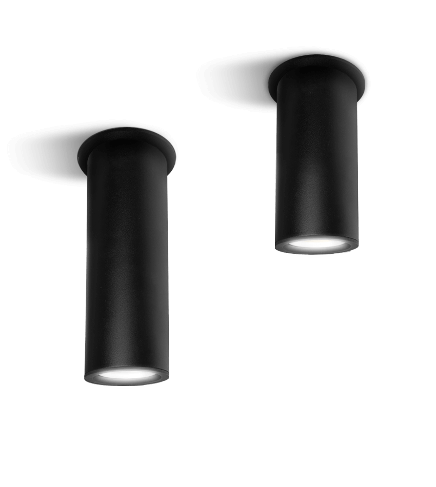 2 black cylinder style light mounted to the ceiling